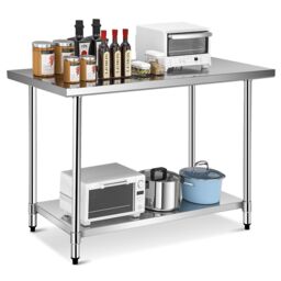 Costway 122 x 76 cm Stainless Steel Kitchen Prep Table Rolling Work Table Commercial Catering Table in Silver - thumbnail 1