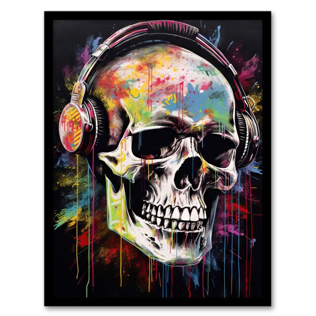 Artery8 Wall Art Print Hardcore Punk Music Artwork Vibrant Drip Paint Skull With Headphones Art Framed - Size: A4 - image 1