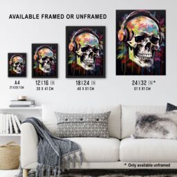 Artery8 Wall Art Print Hardcore Punk Music Artwork Vibrant Drip Paint Skull With Headphones Art Framed - Size: A4 - thumbnail 3
