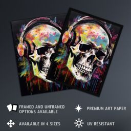 Artery8 Wall Art Print Hardcore Punk Music Artwork Vibrant Drip Paint Skull With Headphones Art Framed - Size: A4 - thumbnail 2