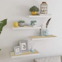 Berkfield Home Floating Wall Shelves 4 pcs Oak & White 60x23.5x3.8 cm MDF in Brown - thumbnail 1