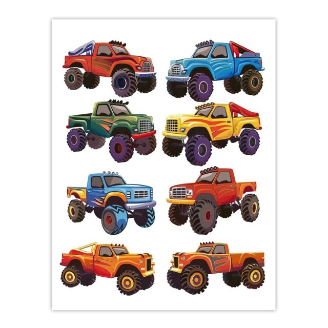 "Artery8 Colourful Monster Truck Illustrations Fun Bright Wall Art Print - Size: W12"" x H16""" - image 1