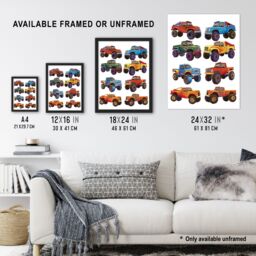 "Artery8 Colourful Monster Truck Illustrations Fun Bright Wall Art Print - Size: W12"" x H16""" - thumbnail 3