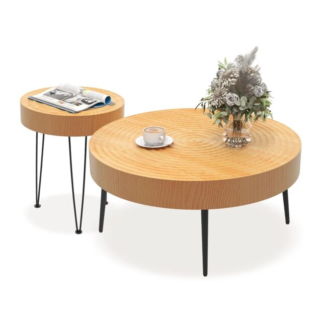 Costway Set of 2 Round Nesting Coffee Table Solid Wood Accent Stacking Boho Side Tables in Natural - image 1