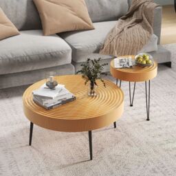 Costway Set of 2 Round Nesting Coffee Table Solid Wood Accent Stacking Boho Side Tables in Natural - thumbnail 3