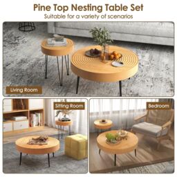 Costway Set of 2 Round Nesting Coffee Table Solid Wood Accent Stacking Boho Side Tables in Natural - thumbnail 6