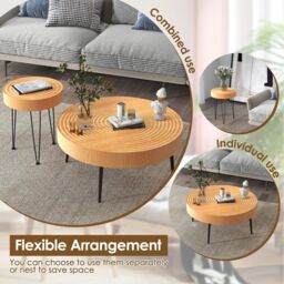 Costway Set of 2 Round Nesting Coffee Table Solid Wood Accent Stacking Boho Side Tables in Natural - thumbnail 5