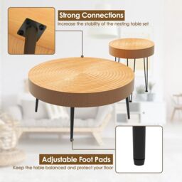 Costway Set of 2 Round Nesting Coffee Table Solid Wood Accent Stacking Boho Side Tables in Natural - thumbnail 4