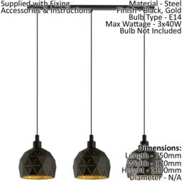 Loops Pendant Ceiling Light Colour Black Faceted Gold Inner Shade Bulb E14 3x40W - thumbnail 2