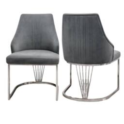 HOME LUXE INTERIOR Set of 2 Lasco Grey & Silver Velvet Dining Chairs with Metal Legs