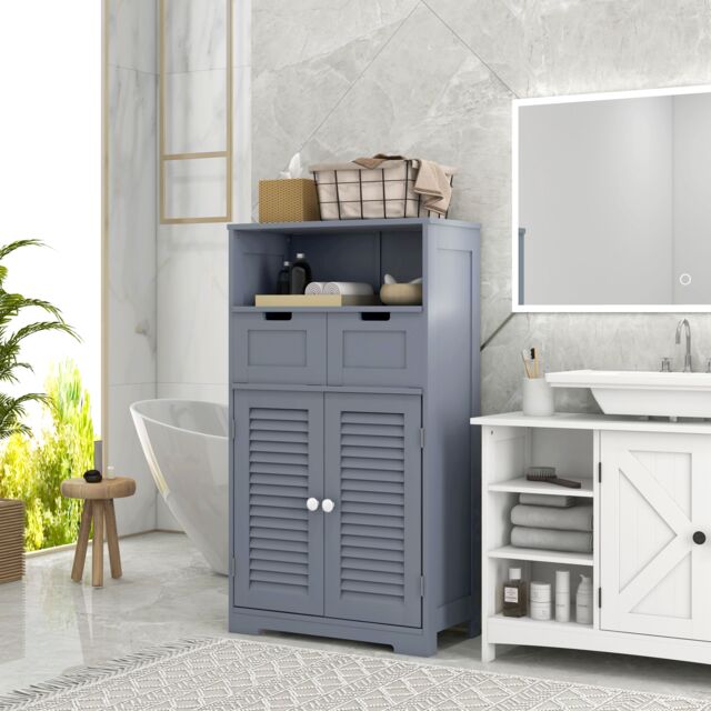 Kleankin Free Standing Bathroom Storage Cabinet with Louvred Doors, 2 Drawers in Grey - image 1
