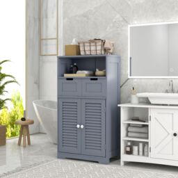 Kleankin Free Standing Bathroom Storage Cabinet with Louvred Doors, 2 Drawers in Grey - thumbnail 1