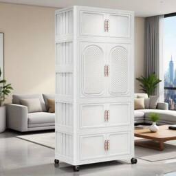 FORGEVIO 4-Tier Foldable Clothes Storage Wardrobe Organiser Stackable Plastic in White - thumbnail 1