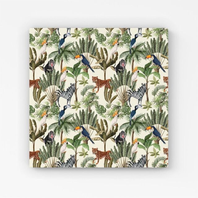 "Warren Reed - Designer Exotic Trees & Animals Canvas in Green - Size: W16"" x H16""" - image 1