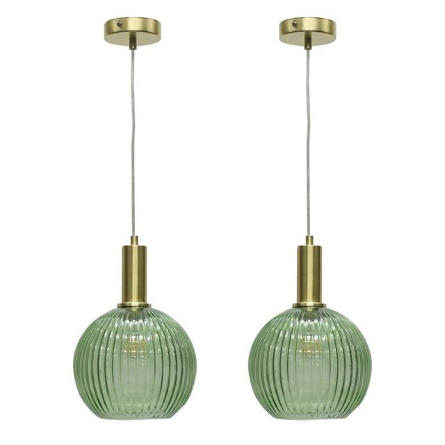 First Choice Lighting Set of 2 Betchley - Green Ribbed Glass Globe Satin Brass Deco Pendants - image 1