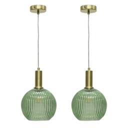 First Choice Lighting Set of 2 Betchley - Green Ribbed Glass Globe Satin Brass Deco Pendants