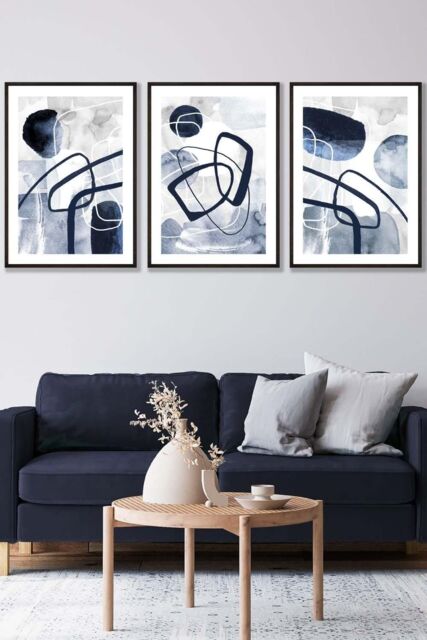 ARTZE Set of 3 Black Framed Abstract Navy Blue Watercolour Shapes Wall Art - Size: W33 cm x H45 cm x D20mm - image 1