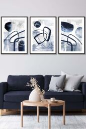 ARTZE Set of 3 Black Framed Abstract Navy Blue Watercolour Shapes Wall Art - Size: W33 cm x H45 cm x D20mm - thumbnail 1