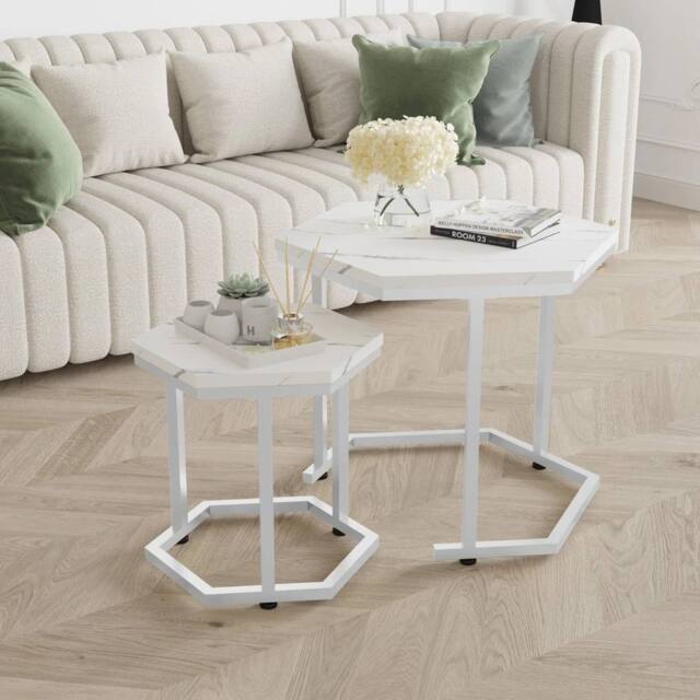 VOGREX 2 White Marble Effect Nesting Side Tables White Metal Frame - image 1
