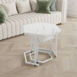 VOGREX 2 White Marble Effect Nesting Side Tables White Metal Frame - thumbnail 3