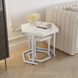 VOGREX 2 White Marble Effect Nesting Side Tables White Metal Frame - thumbnail 4