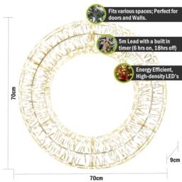 Pegdev Christmas Pre Lit Micro LED Wreath Timer 70x9cm Warm White 1200 LEDs 5m Lead - Size: 70x9 cm - thumbnail 2