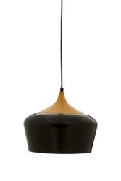 Orsina Unique Black Conical Pendant Light With Natural Wood Crown, Sleek Metal Hanging Lamp, Modern Pendant Light