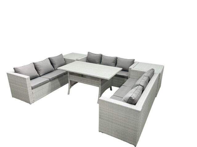 Fimous Rattan Garden Outdoor Furniture Set 9 Seater Garden Sofa Rectangulr Dining Table Set with 2 Side Tables Light Grey Mixed - image 1