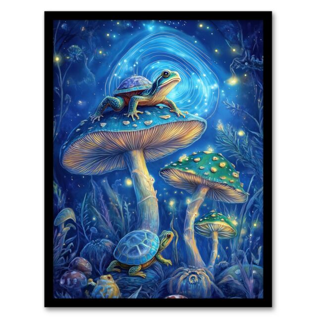 "Artery8 Turtle Frogs Magic Mushrooms Psychedelic Fantasy Framed Art Print in Blue - Size: W12"" x H16""" - image 1