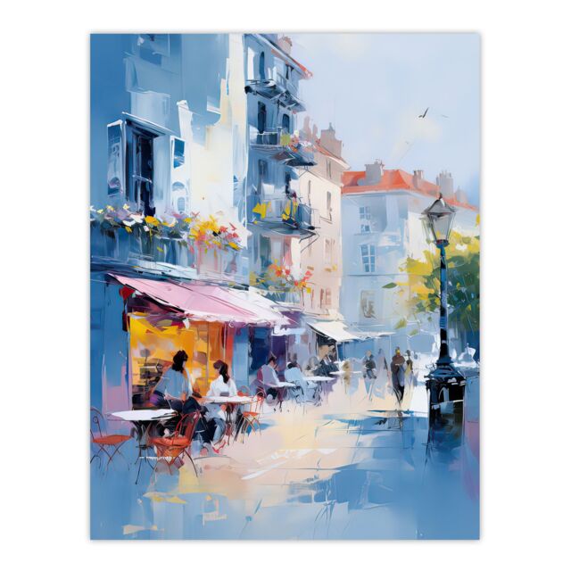 "Artery8 Wall Art Print Cafe Street in Paris Abstract Oil Painting Elegant Artwork Poster in Blue - Size: W18"" x H24""" - image 1