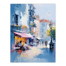 "Artery8 Wall Art Print Cafe Street in Paris Abstract Oil Painting Elegant Artwork Poster in Blue - Size: W18"" x H24""" - thumbnail 1