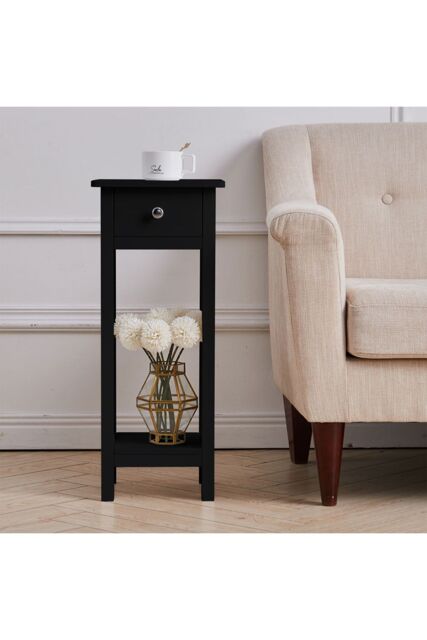 2-Tier Wooden Nightstand with Drawer & Shelf for Bed & Sofa Side in Black - image 1
