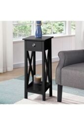 2-Tier Wooden Nightstand with Drawer & Shelf for Bed & Sofa Side in Black - thumbnail 3