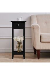 2-Tier Wooden Nightstand with Drawer & Shelf for Bed & Sofa Side in Black - thumbnail 1