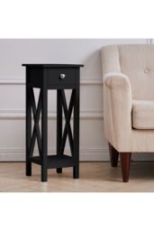 2-Tier Wooden Nightstand with Drawer & Shelf for Bed & Sofa Side in Black - thumbnail 2