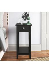 2-Tier Wooden Nightstand with Drawer & Shelf for Bed & Sofa Side in Black - thumbnail 4