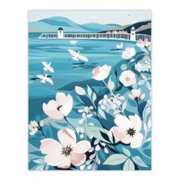 "Artery8 Coastal Scottish Pier Seagulls Floral Painting Wall Art Print in Blue - Size: W24"" x H32""" - thumbnail 1