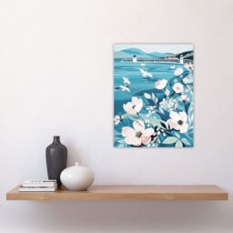 "Artery8 Coastal Scottish Pier Seagulls Floral Painting Wall Art Print in Blue - Size: W24"" x H32""" - thumbnail 4