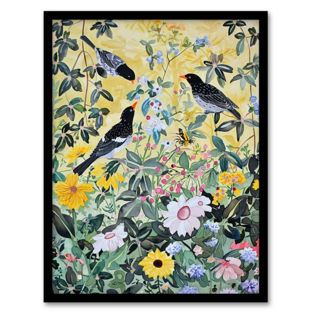 Artery8 Birds in Blooming Spring Wildflower Field Framed Wall Art in Yellow - Size: A4 - image 1