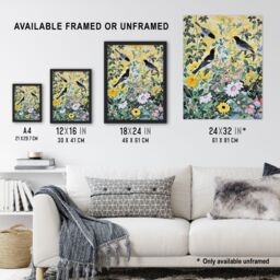 Artery8 Birds in Blooming Spring Wildflower Field Framed Wall Art in Yellow - Size: A4 - thumbnail 3