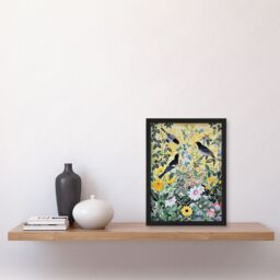 Artery8 Birds in Blooming Spring Wildflower Field Framed Wall Art in Yellow - Size: A4 - thumbnail 4