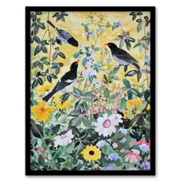 Artery8 Birds in Blooming Spring Wildflower Field Framed Wall Art in Yellow - Size: A4 - thumbnail 1
