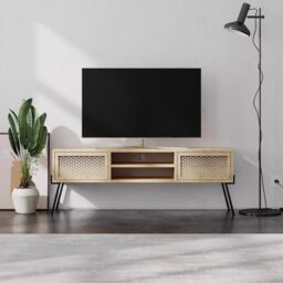 FWStyle Oak Effect TV Unit/Stand Push To Open Wide Design in Brown - thumbnail 1