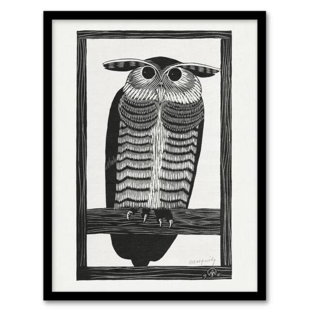 "Artery8 Stylised Horned Owl Samuel J De Mesquita Framed Wall Art Print in White - Size: W12"" x H16""" - image 1