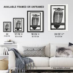 "Artery8 Stylised Horned Owl Samuel J De Mesquita Framed Wall Art Print in White - Size: W12"" x H16""" - thumbnail 3