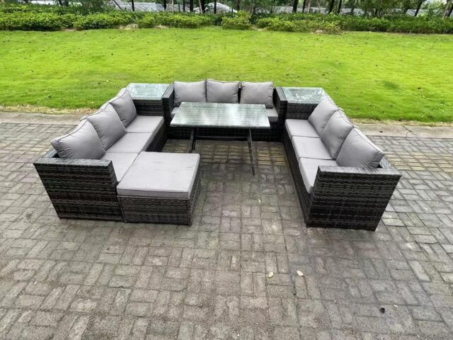 Fimous 10 Seater Wicker PE Rattan Outdoor Furniture Lounge Sofa Garden Dining Set with Dining Table Side Tables in Dark Grey - image 1