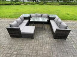 Fimous 10 Seater Wicker PE Rattan Outdoor Furniture Lounge Sofa Garden Dining Set with Dining Table Side Tables in Dark Grey - thumbnail 2
