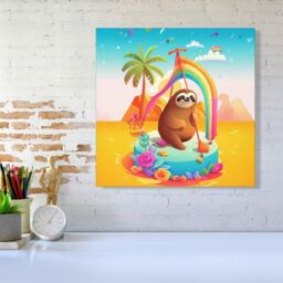Warren Reed - Designer Sloth On A Beach Holiday Canvas in Yellow - Size: w40 inch x h40 inch - thumbnail 2