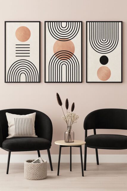 Mafett Set of 3 Abstract Line Circle Wall Art Framed in Black - Size: A3