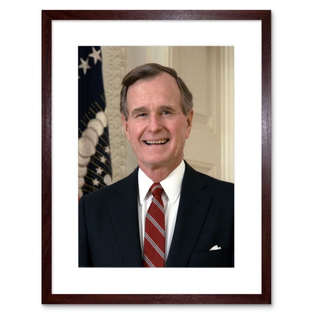 "Artery8 Wall Art Print US President George H W Bush Portrait Photo Artwork Framed 9X7 Inch in Brown - Size: W7"" x H9""" - image 1